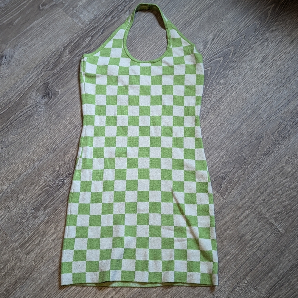 Just Polly Green & White Checkered Halter Knit Mini Dress Size M
